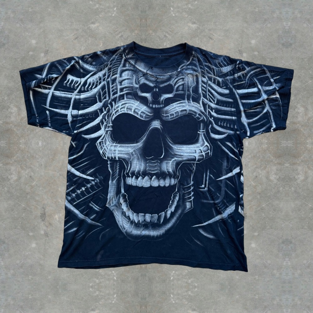 Vintage Y2K Skulls Liquid Blue Shirt Mens Large Black White Skull All Over Print